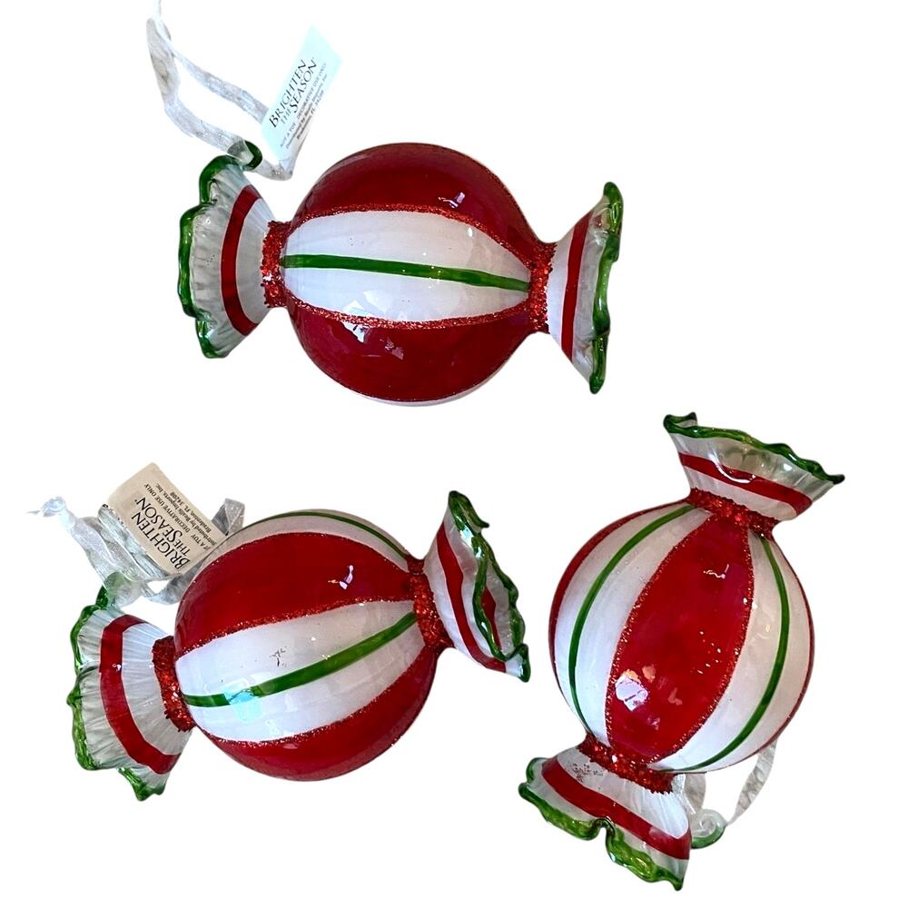 3pc Peppermint Candy Handblown Glass Ornaments 3x4 Festive Holiday Decor NEW